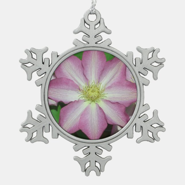 Pink and White Clematis Spring Flower Snowflake Pewter Christmas Ornament (Front)