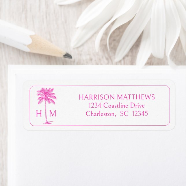 Pink and White Coastal Palmetto Palm Monogram Label (Insitu)