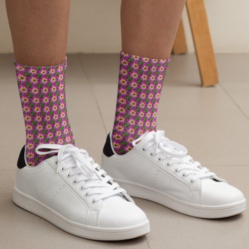 Pink and White Collarette Dahlia Floral Pattern Socks