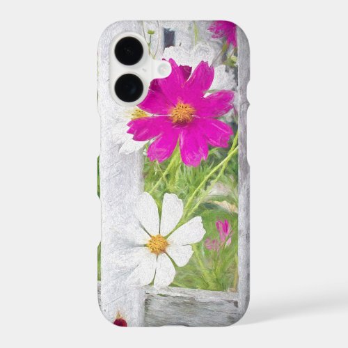 Pink and White Cosmos Flowers with Fence iPhone 17 Case