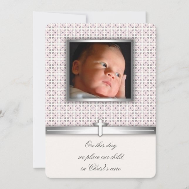 Pink and White Cross Photo Christening Invitations (Front)