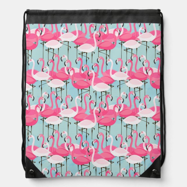 Pink And White Crowd Of Flamingos Drawstring Bag (Front)