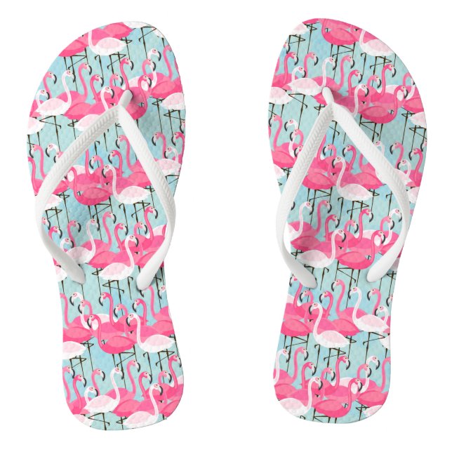 Pink And White Crowd Of Flamingos Flip Flops (Footbed)