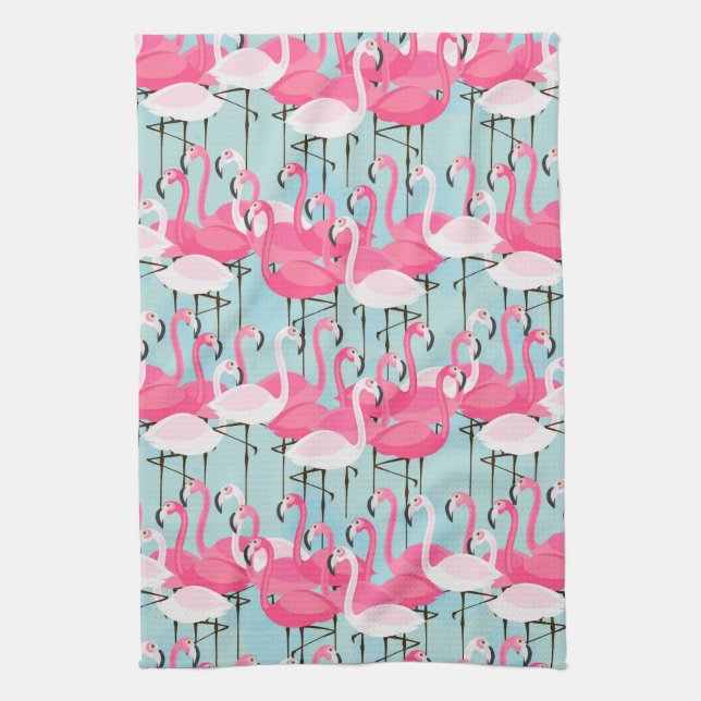 Pink And White Crowd Of Flamingos Kitchen Towel (Vertical)