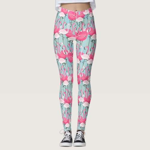 Pink And White Crowd Of Flamingos Leggings