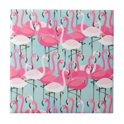 Pink And White Crowd Of Flamingos Tile