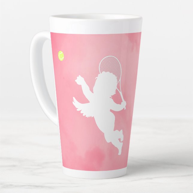 Pink and White Cupid with Tennis Racquet Latte Mug (Left Angle)