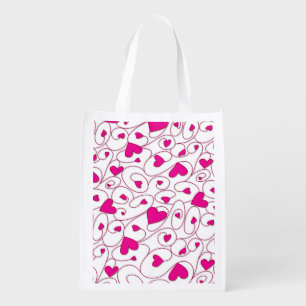 Pink and white curly hearts grocery bag