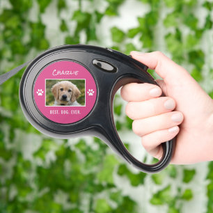 Pink And White Custom Name Text Dog Paw Prints Retractable Pet Leash