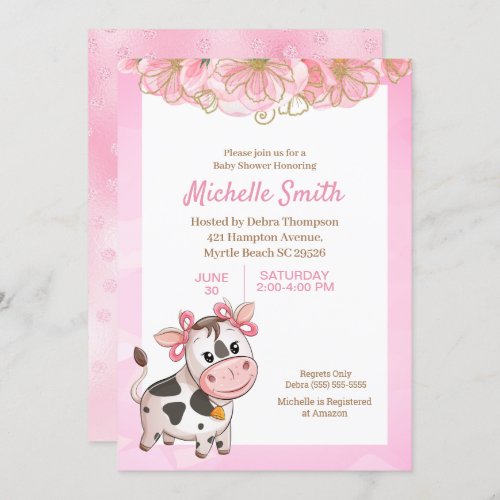 Pink and White Cute Cow Floral Baby Shower     Inv Invitation