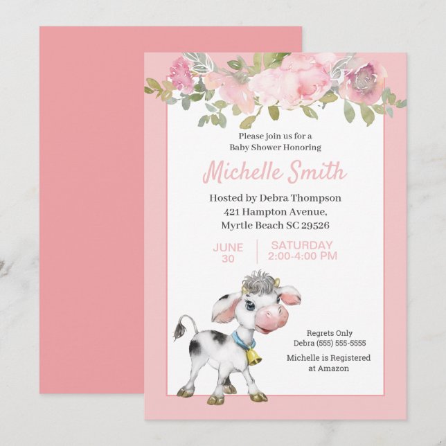  Pink and White Cute Cow Floral Baby Shower     Invitation (Front/Back)