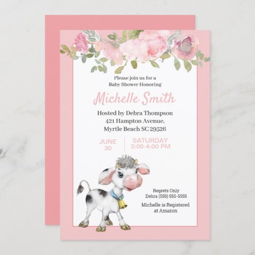  Pink and White Cute Cow Floral Baby Shower     Invitation