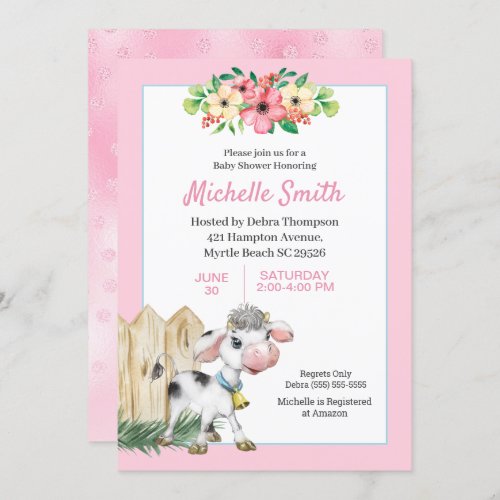 Pink and White Cute Cow Floral Baby Shower     Invitation