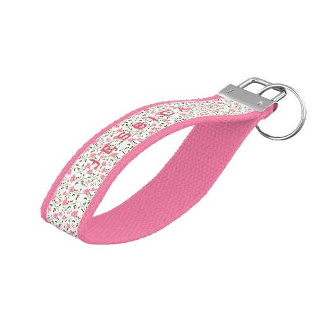 Pink And White Cute Roses Pattern Wrist Keychain (Angled Up)