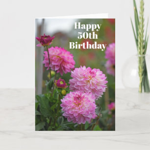 Pink and White Dahlia Flower Happy 50th Birthday Letterpress Thank You Card