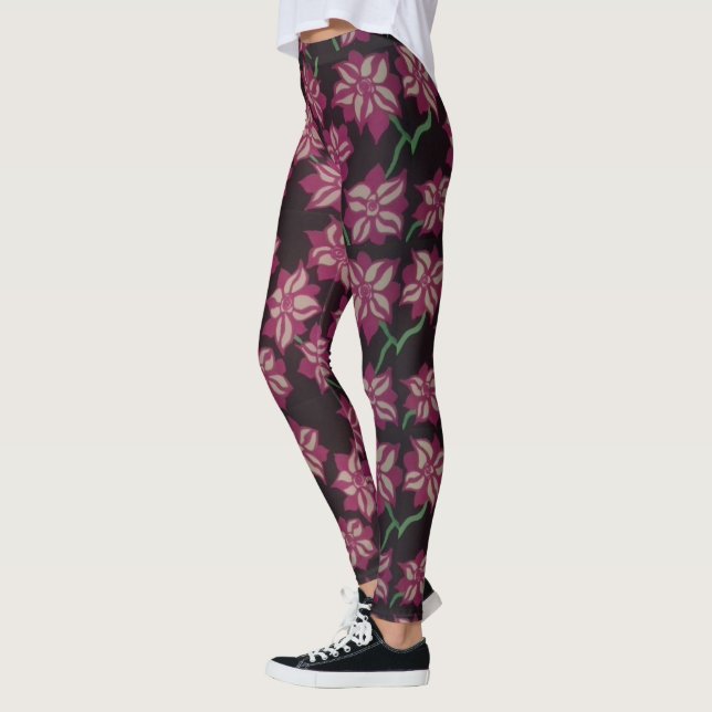 Pink and White Dahlia Pattern Leggings (Left)