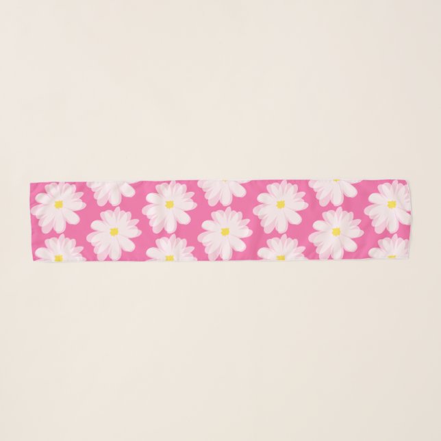 Pink and white daisy flower floral pattern chiffon scarf (Front (Horizontal))