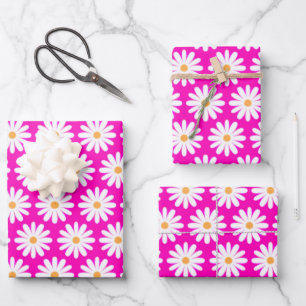 Pink and White Daisy Flower Wrapping Paper Sheets