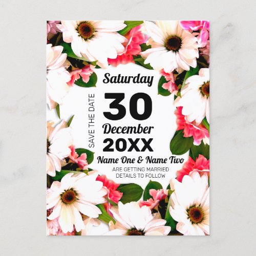 Pink and White Daisy Flowers Wedding Save the Date Postcard
