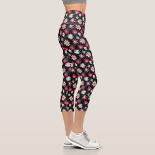 Pink and White Daisy Pattern Capri Leggings