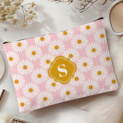 Pink And White Daisy Pattern Monogrammed  Accessory Pouch