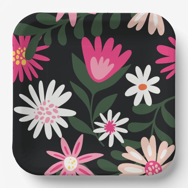Pink and White Daisy Pattern Paper Plates (Front)