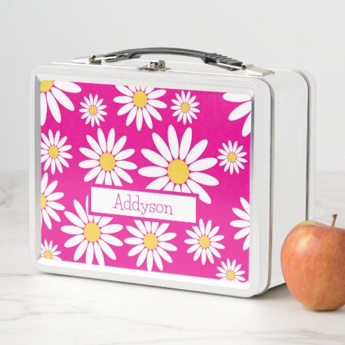 Pink and White Daisy with name Metal Lunch Box