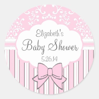 Pink And White Damask Baby Shower Classic Round Sticker by hungaricanprincess at Zazzle