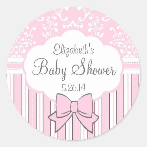 Pink and White Damask Baby Shower Classic Round Sticker