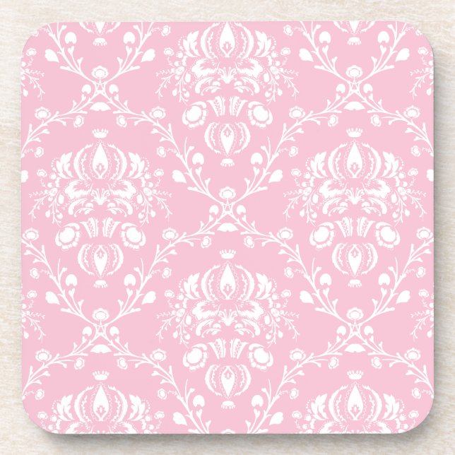 Pink and White Damask Beverage Coaster (Front)