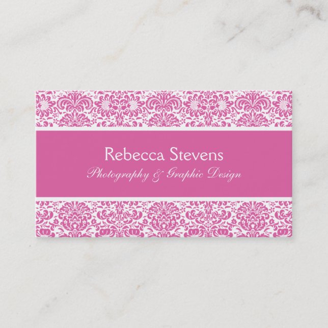 Pink and White Damask Business Card (Front)