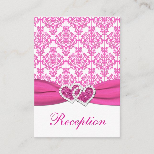 Pink and White Damask Joined Hearts Enclosure Card (Front)