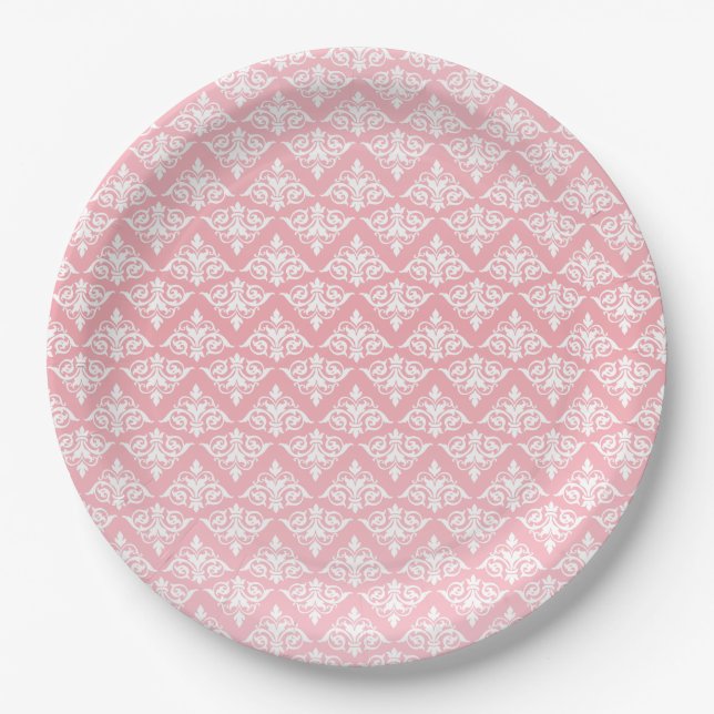 Pink and White Damask Paper Plates (Front)