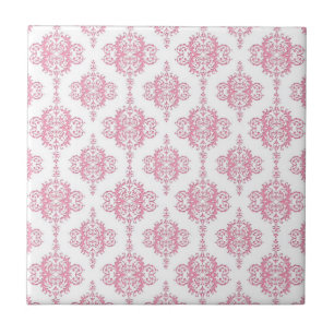 Pink and White Damask Pattern Ceramic Tile