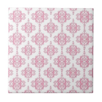 Pink And White Damask Pattern Ceramic Tile by MHDesignStudio at Zazzle