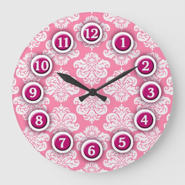 Pink and White Damask Pattern Clock (Front)