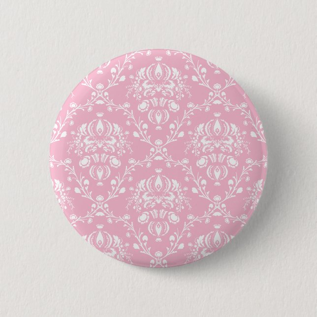 Pink and White Damask Pinback Button (Front)