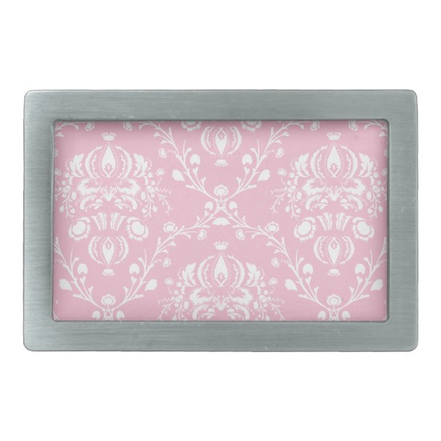 Pink and White Damask Rectangular Belt Buckle (Front)