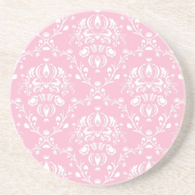 Pink and White Damask Sandstone Coaster (Front)