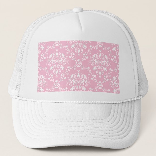 Pink and White Damask Trucker Hat (Front)