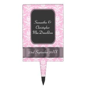 Pink and white damask wedding cake topper