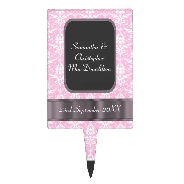 Pink and white damask wedding cake topper (Front)