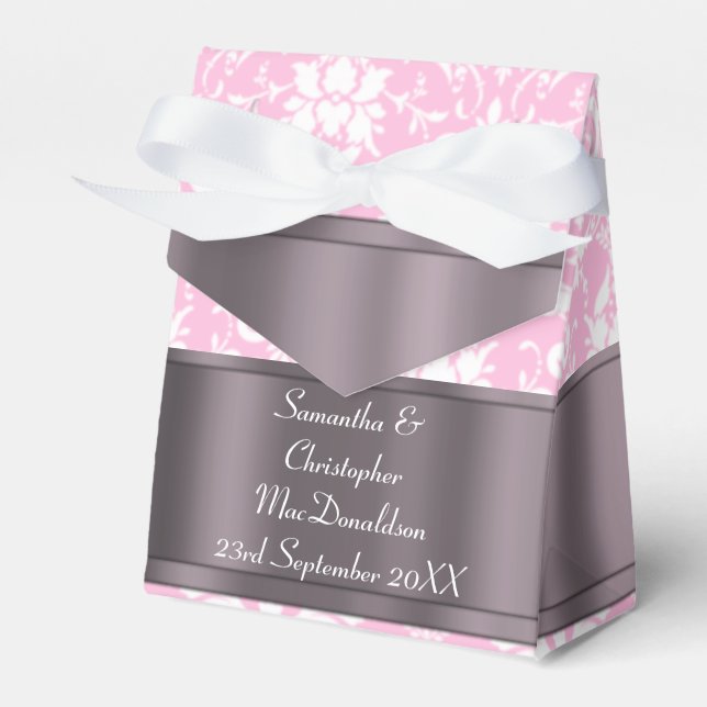 Pink and white damask wedding favor boxes (Front Side)