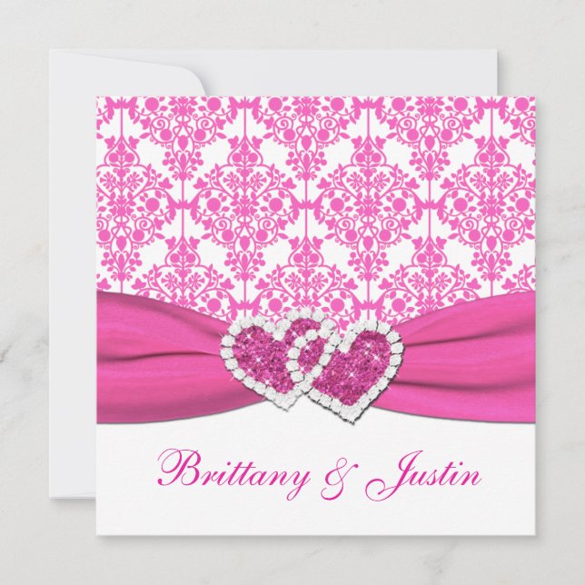 Pink and White Damask Wedding Invitation (Front)