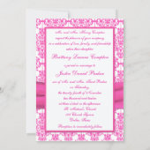 Pink and White Damask Wedding Invitation 5x7 (Back)