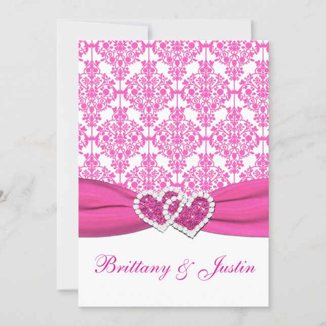 Pink and White Damask Wedding Invitation 5x7 (Front)