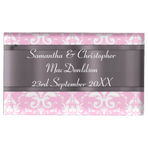 Pink and white damask wedding table card holder