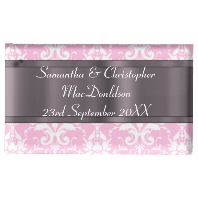 Pink and white damask wedding table card holder (Front)