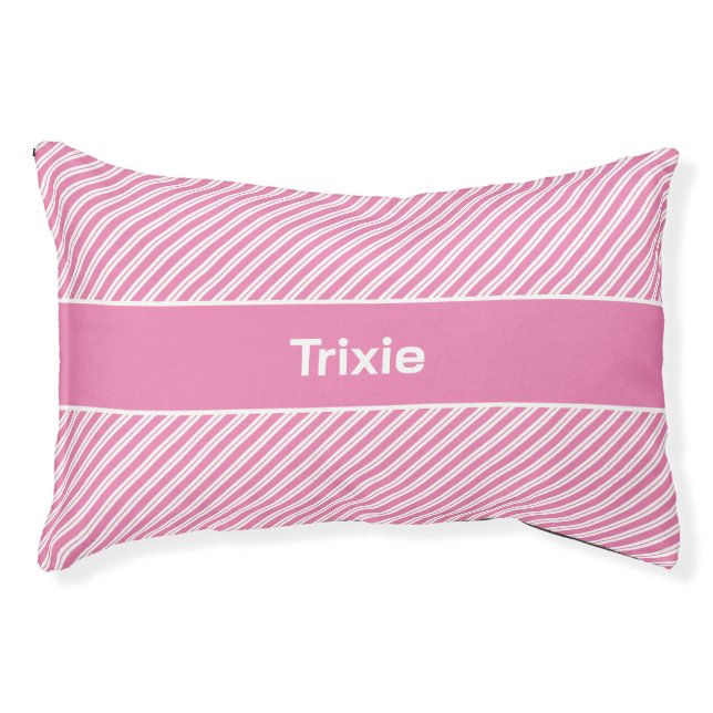Pink and White Diagonal Stripe Personalized Pet Bed (Front)