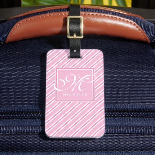 Pink and White Diagonal Stripes  Script Monogram Luggage Tag